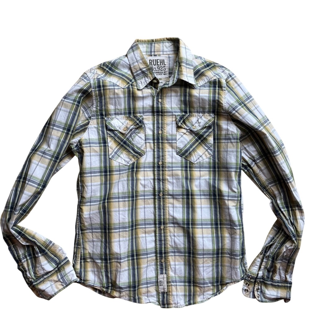 Ruehl No 925 Mens XL Western Pearl Snap Shirt Plaid Green Tan Long Sleeve Cotton